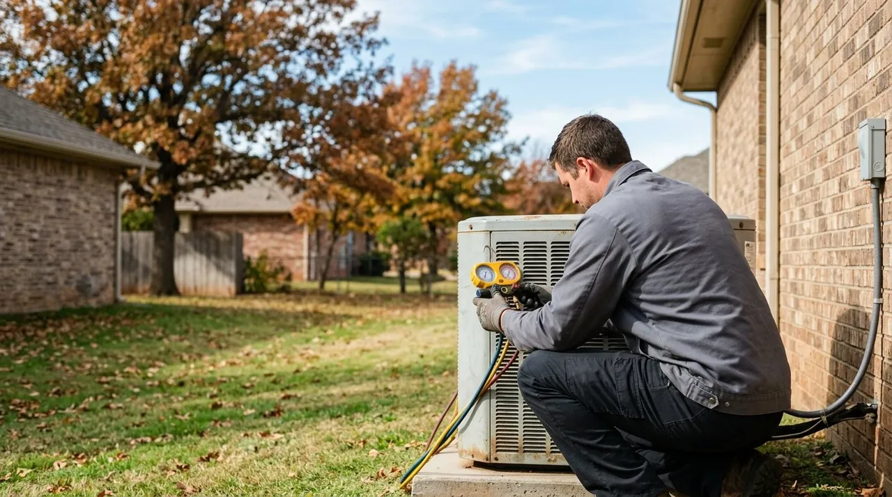 Technician inspecting an outdoor condenser unit during an AC system replacement evaluation in Edmond, Oklahoma.