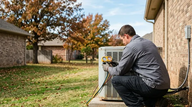 Technician inspecting an outdoor condenser unit during an AC system replacement evaluation in Edmond, Oklahoma.