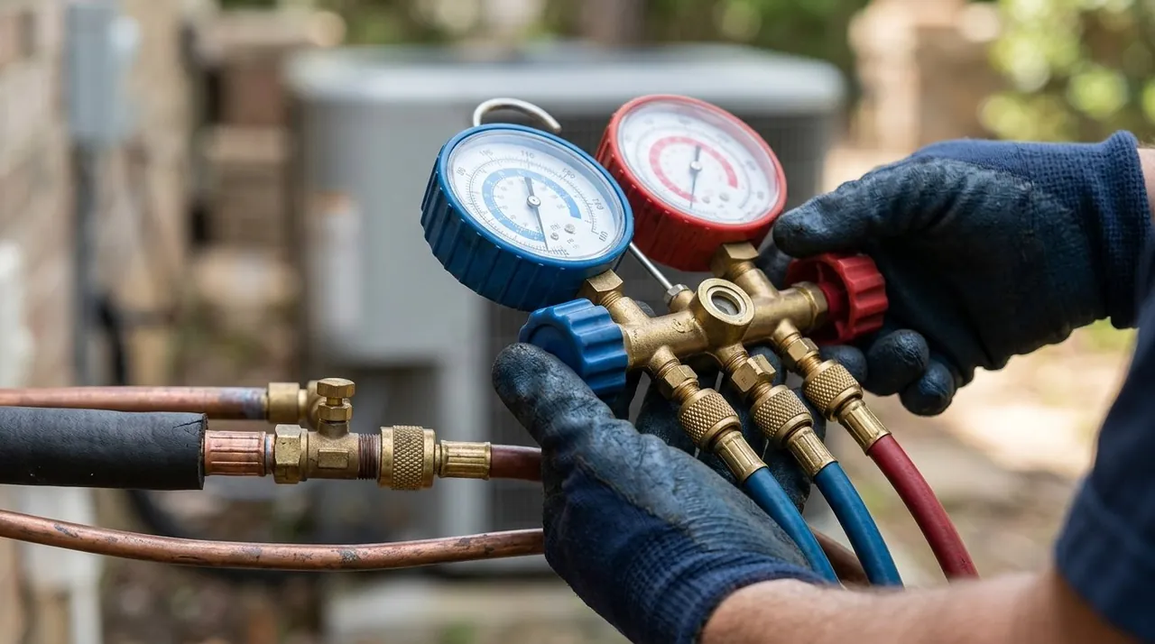 Close-up of refrigerant gauges used during AC system replacement diagnostics on an Edmond home cooling unit.