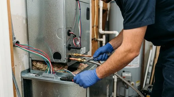 Technician connecting wiring during a residential heating system installation, showing detailed indoor air handler setup.