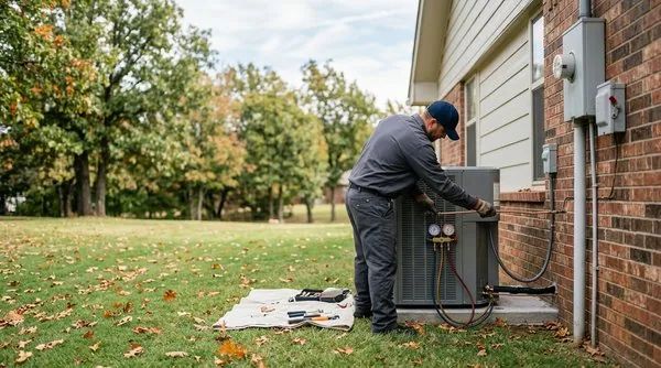 HVAC technician completing a heating installation at an Edmond home on a fall afternoon